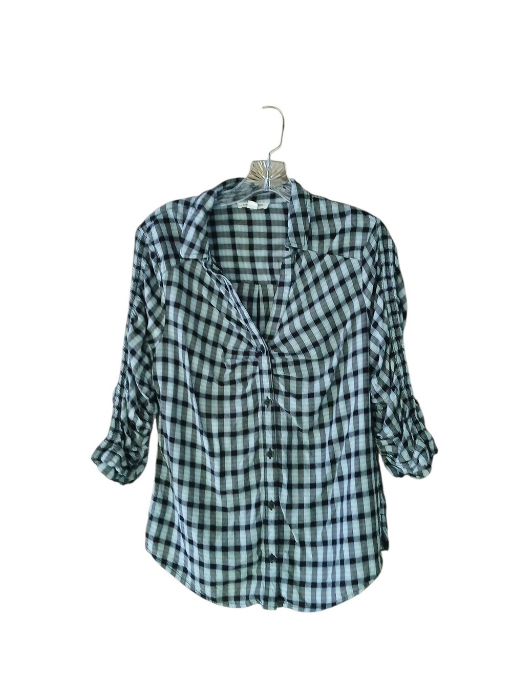 Beachlunchlounge Blue & Black Plaid Button Down Rayon Shirt Medium